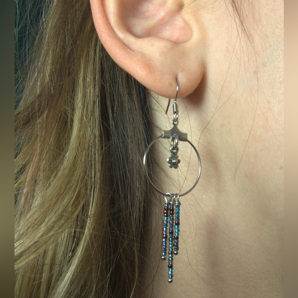 Daisy charm w/Seed bead and stainless steel hoop dangle earrings